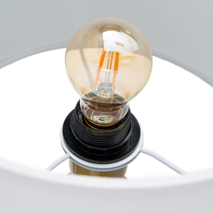 Lampă de masă din lemn maro și metal cu bază geometrică și abajur alb [7]