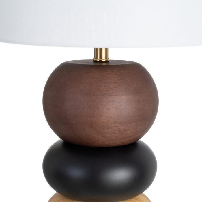 Lampă de masă din lemn maro și negru cu bază din forme rotunde suprapuse și abajur alb [4]