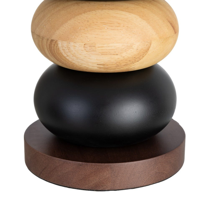 Lampă de masă din lemn maro și negru cu bază din forme rotunde suprapuse și abajur alb [6]