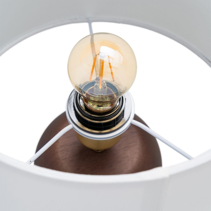 Lampă de masă din lemn maro și negru cu bază din forme rotunde suprapuse și abajur alb [7]