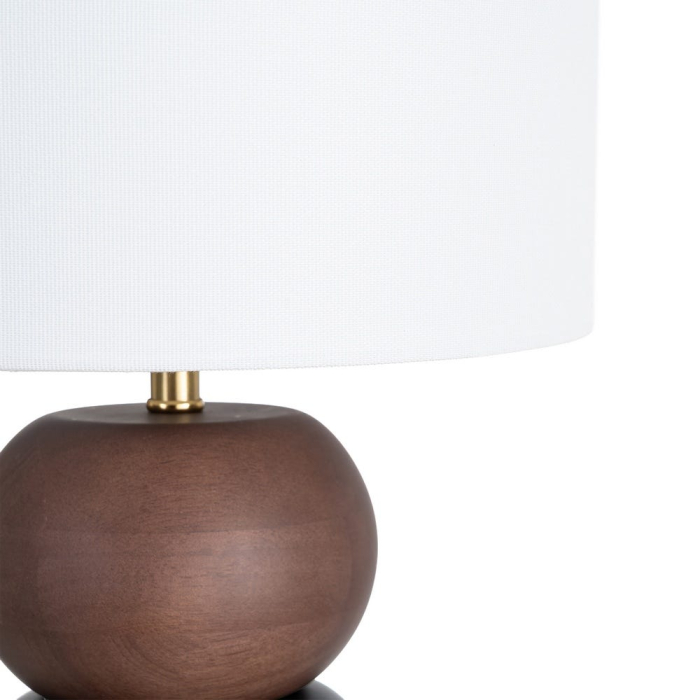 Lampă de masă din lemn maro și negru cu bază din forme rotunde suprapuse și abajur alb [2]