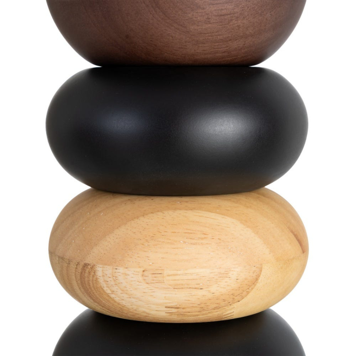 Lampă de masă din lemn maro și negru cu bază din forme rotunde suprapuse și abajur alb [5]