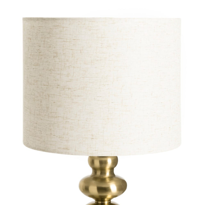 Lampă de masă din metal auriu cu bază decorativă cilindrică și abajur din in crem [5]