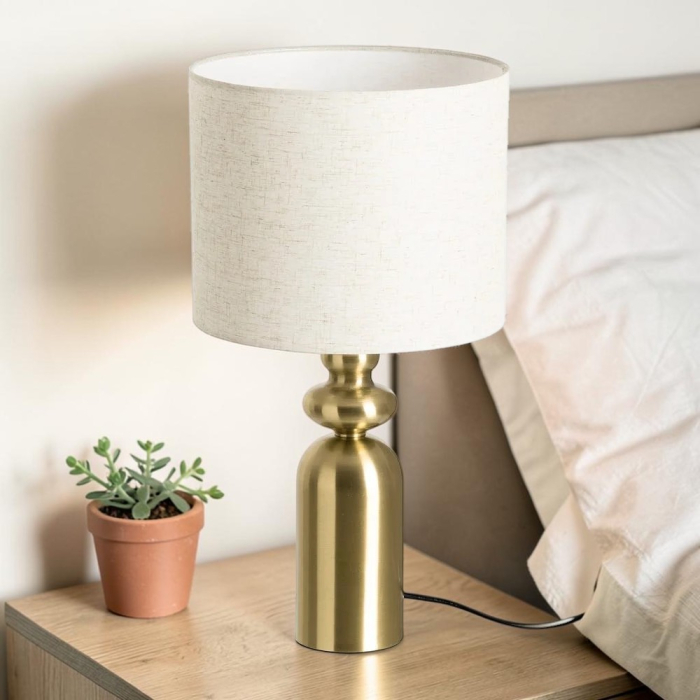 Lampă de masă din metal auriu cu bază decorativă cilindrică și abajur din in crem [2]