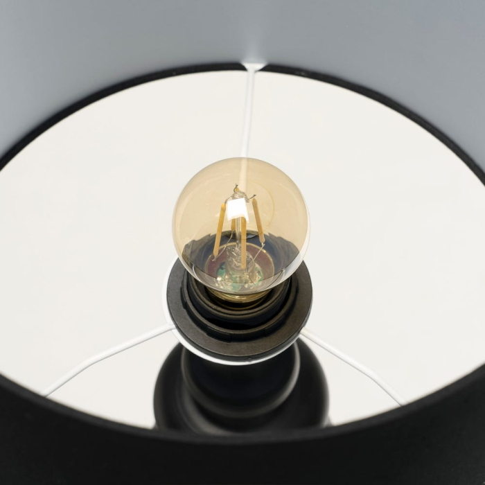 Lampă de masă din metal negru cu bază decorativă cilindrică și abajur negru din stofă [7]