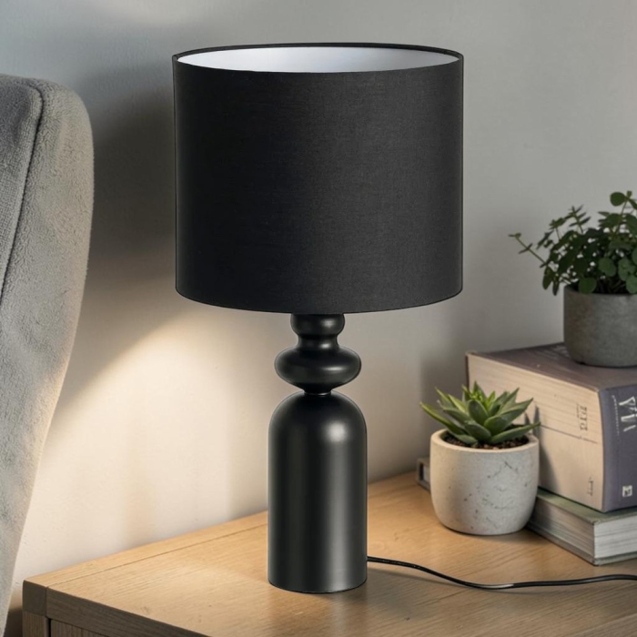 Lampă de masă din metal negru cu bază decorativă cilindrică și abajur negru din stofă [2]