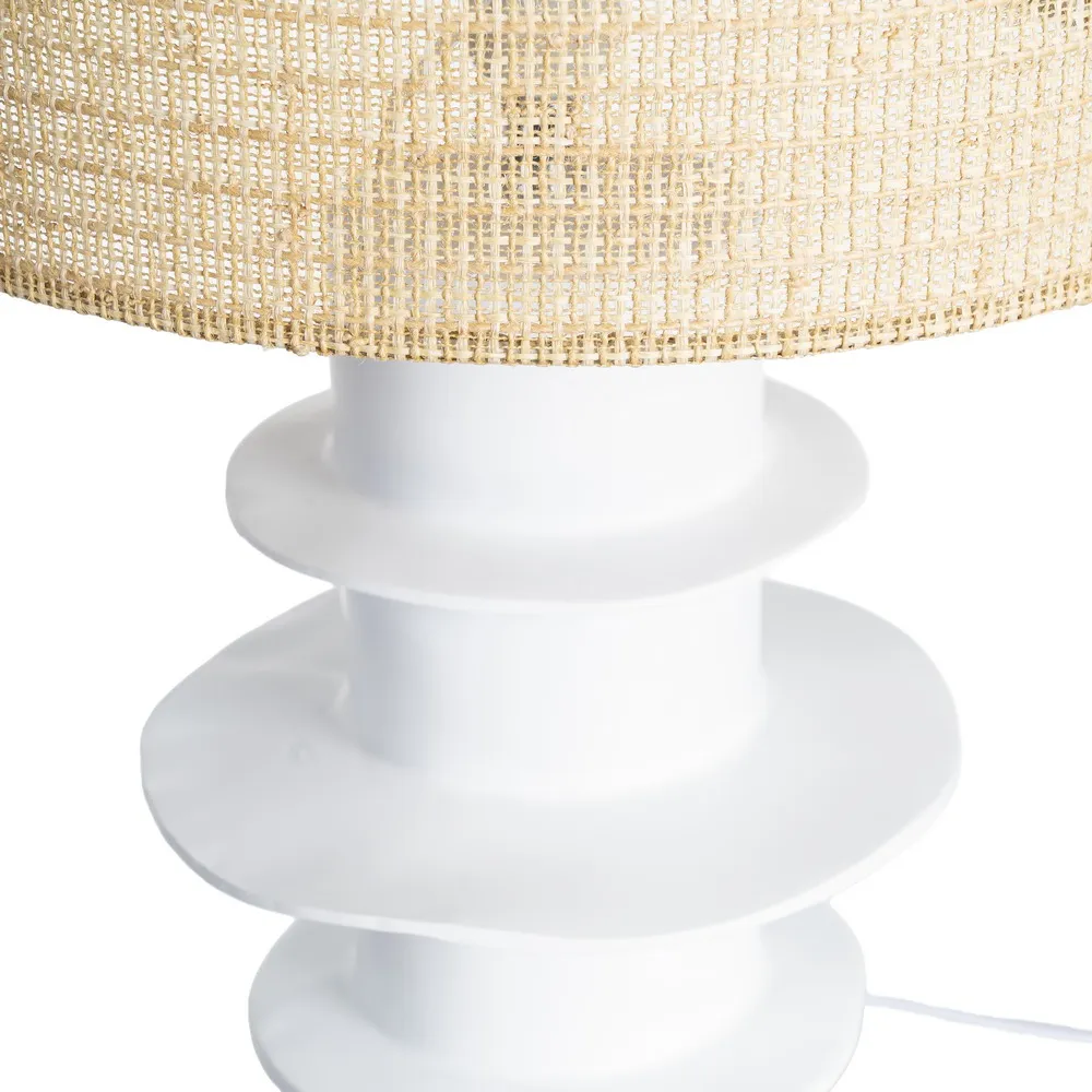 Lampă de masă din rășină albă cu discuri decorative și abajur din ratan [4]
