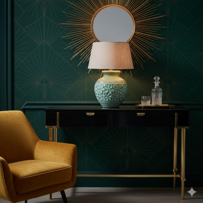 Lampă de masă din teracotă verde cu abajur din bumbac [2]