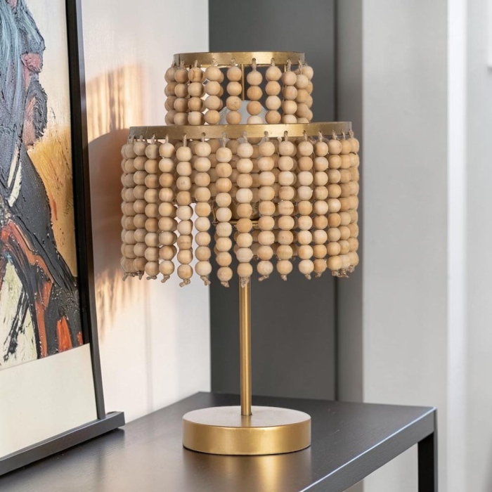 Lampă de masă natural-aurie din MDF și metal cu decor din mărgele [2]