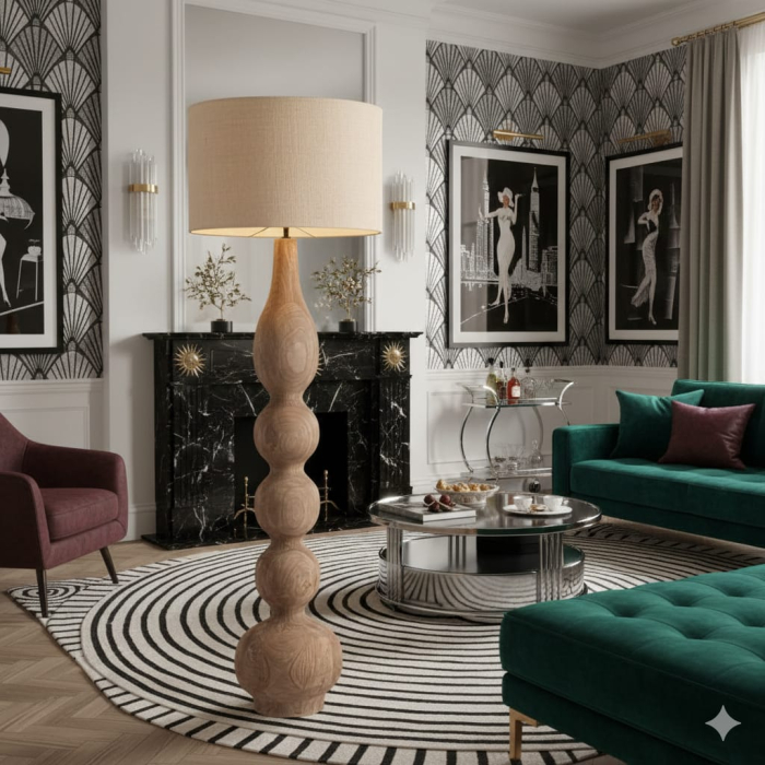 Lampa de podea artizanală cu bază sculpturală din lemn de mango și abajur din iută crem. [2]