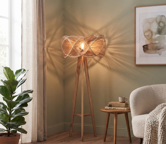 Lampă de podea lemn tec abajur ratan natural Varsha [2]