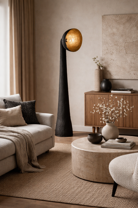 Lampa de podea sculpturala din rasina neagra cu interior placat auriu si silueta alungita Lierop 41x32x163 cm [6]