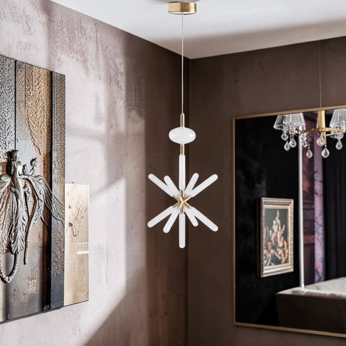 Lampă suspendată decorativă cu brațe radiale din cristal transparent și structură metalică aurie [2]