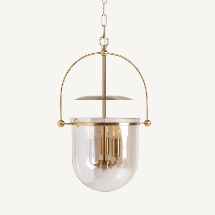 Lampă suspendată cu structură metalică arcuită și corp din cristal fumuriu. [3]