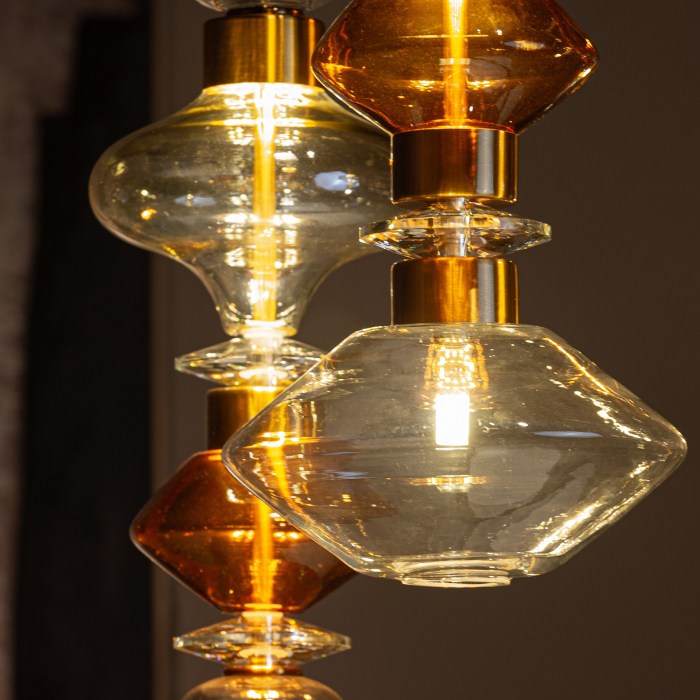 Lampă suspendată decorativă cu elemente din cristal fumuriu alb și accente metalice cupru [5]