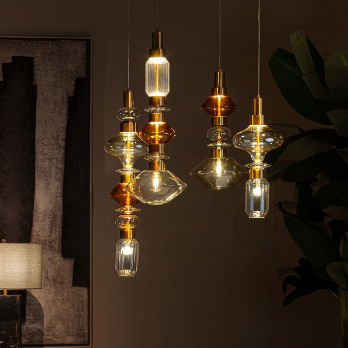 Lampă suspendată decorativă din cristal fumuriu bej cu detalii metalice cupru [4]