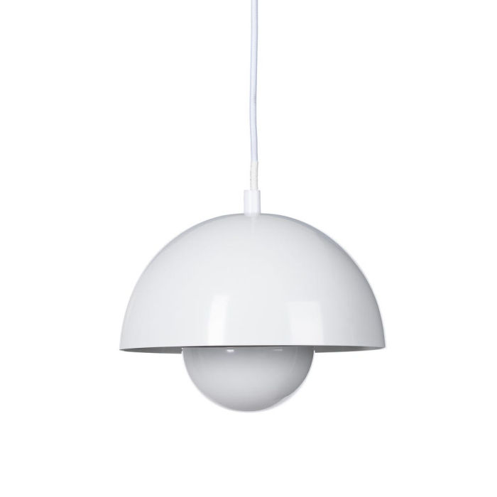 Lampa suspendată din metal alb cu cupolă emisferică și sferă reflectoare – compactă [1]
