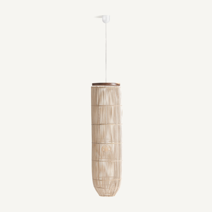 Lampă suspendată cilindrică din vergele de ratan natural, cu inele fine și disc de suar [5]