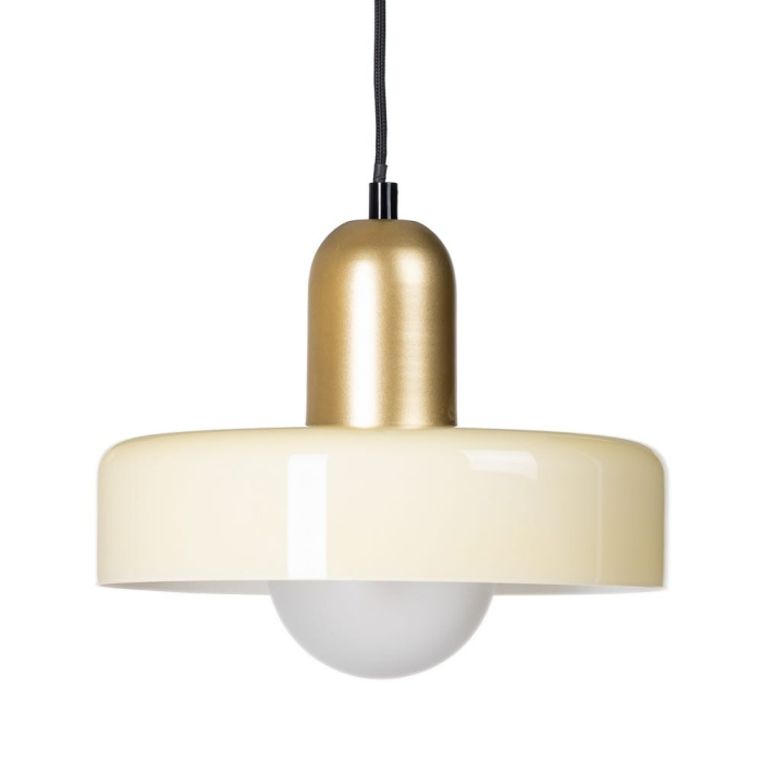 Lampă suspendată galbenă din metal și sticlă disc lucios cu glob satinat [1]