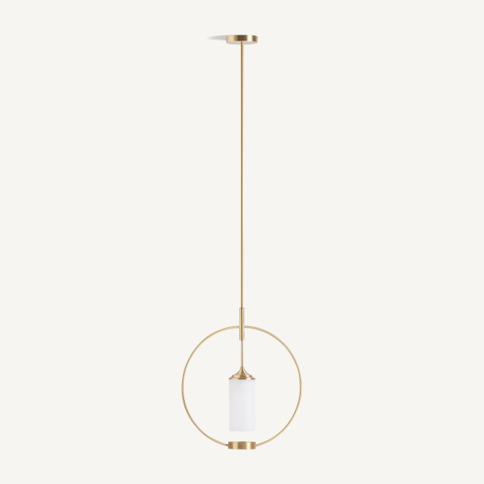 Lampă suspendată cu structură circulară și abajur cilindric din cristal. [3]