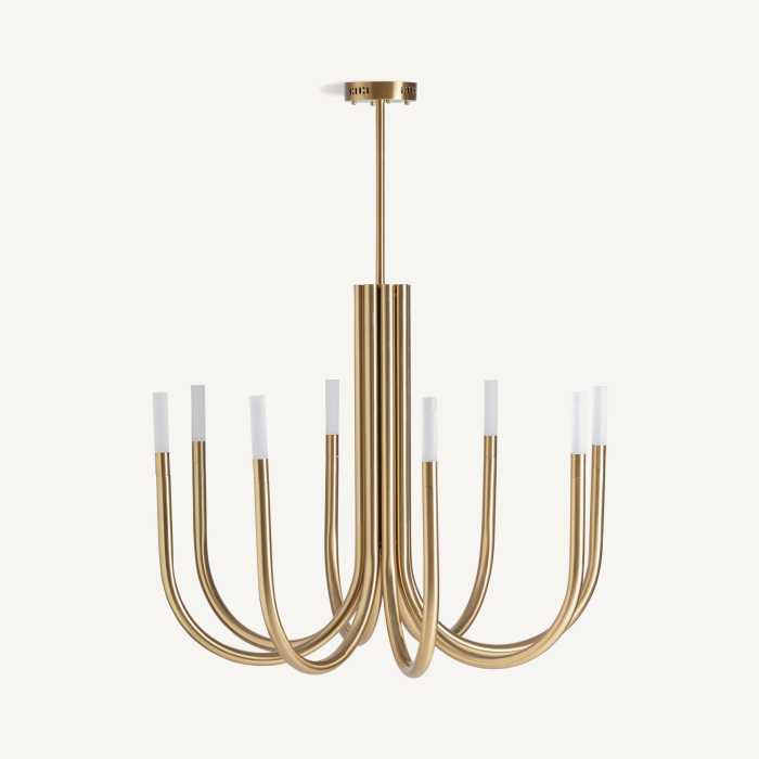 Lampa suspendată tip candelabru cu brațe curbate din metal auriu și cristal alb. [2]