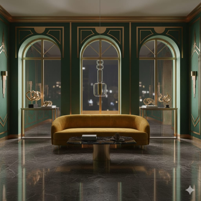 Lampă suspendată verticală cu module din cristal transparent și structură metalică aurie. [2]