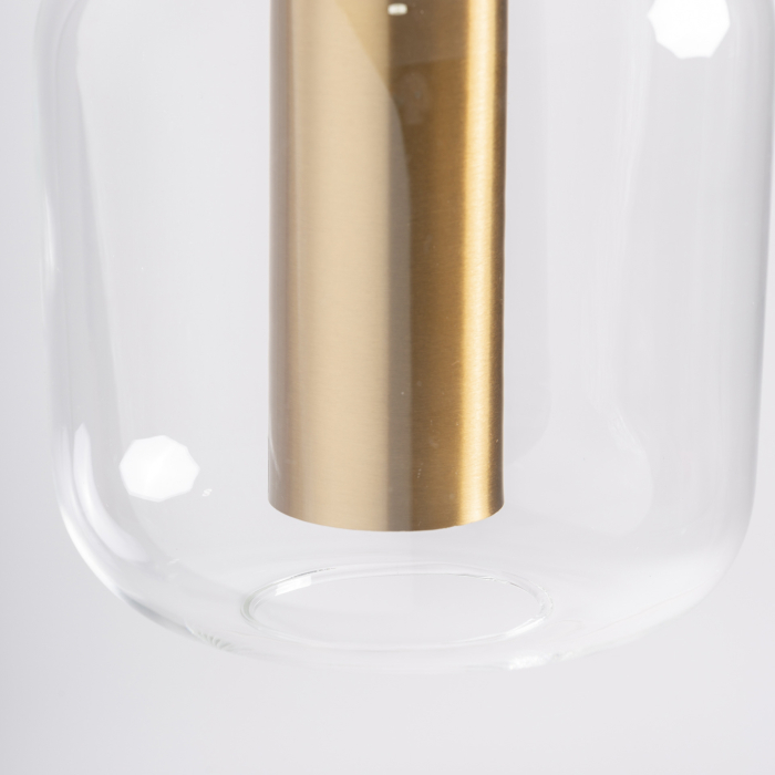 Lampă suspendată verticală cu module din cristal transparent și structură metalică aurie. [5]