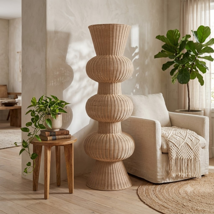 Lampadar boho din ratan maro cu volum vertical stratificat [2]