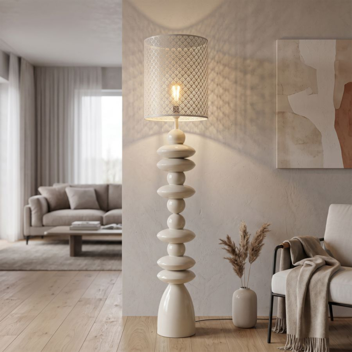 Lampadar cu bază sculptată din pietre suprapuse și abajur texturat [2]