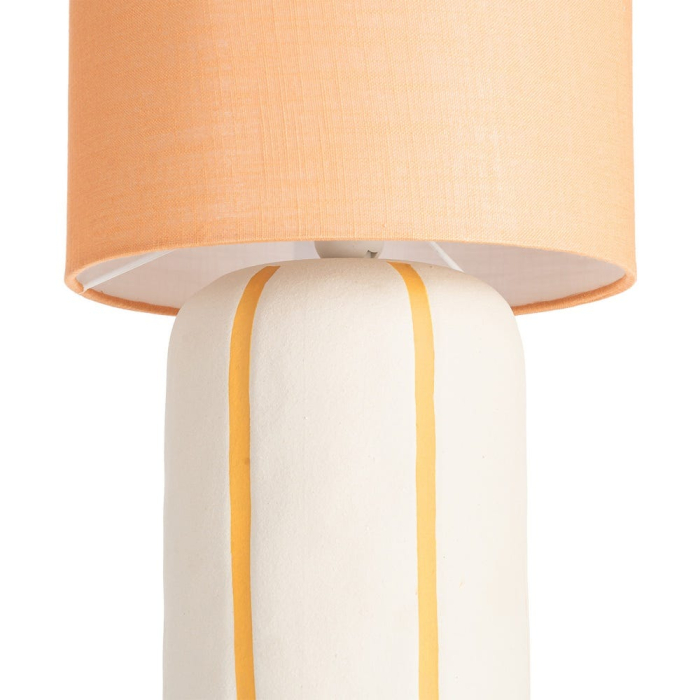 Lampadar din ceramică portocaliu – abajur textil cilindric și bază albă cu dungi fine [5]
