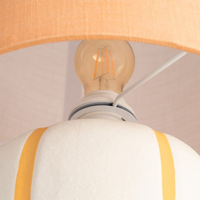 Lampadar din ceramică portocaliu – abajur textil cilindric și bază albă cu dungi fine [3]