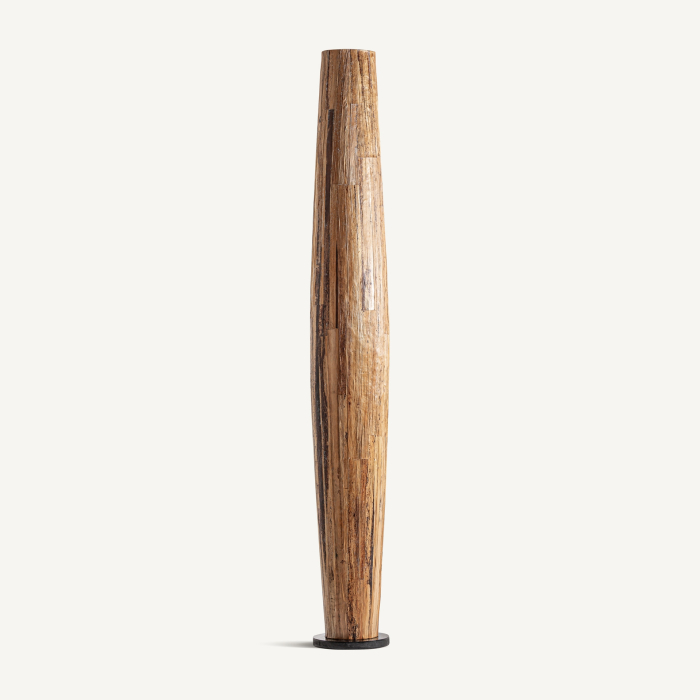 Lampadar în formă de fus, din fibră maro cu desen de lemn vechi, pe bază rotundă neagră [2]