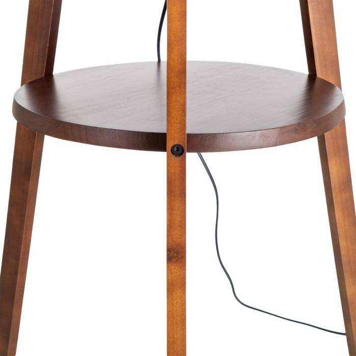 Lampadar din lemn maro cu abajur din in bej pe structură trepied cu raft integrat – imagine principală cu raft rotund și abajur bej [4]
