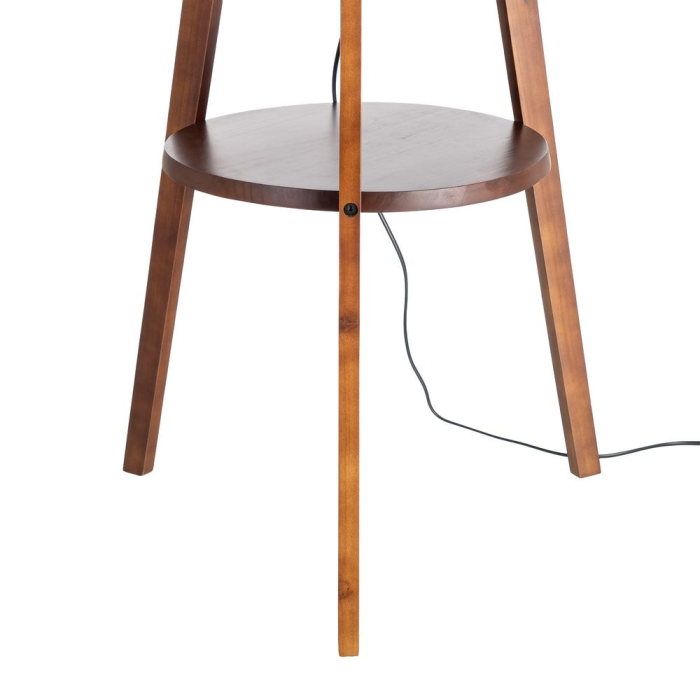Lampadar din lemn maro cu abajur din in bej pe structură trepied cu raft integrat – imagine principală cu raft rotund și abajur bej [5]