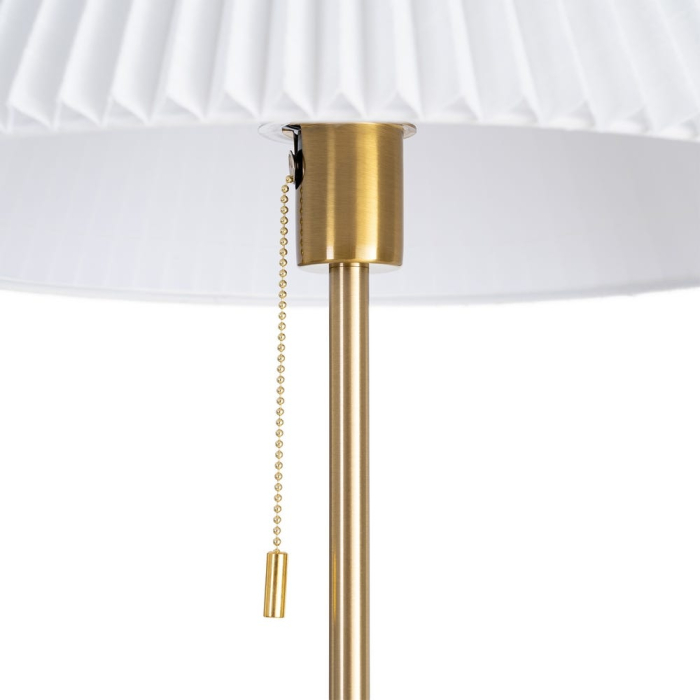 Lampadar din lemn maro și metal auriu cu abajur alb plisat [3]