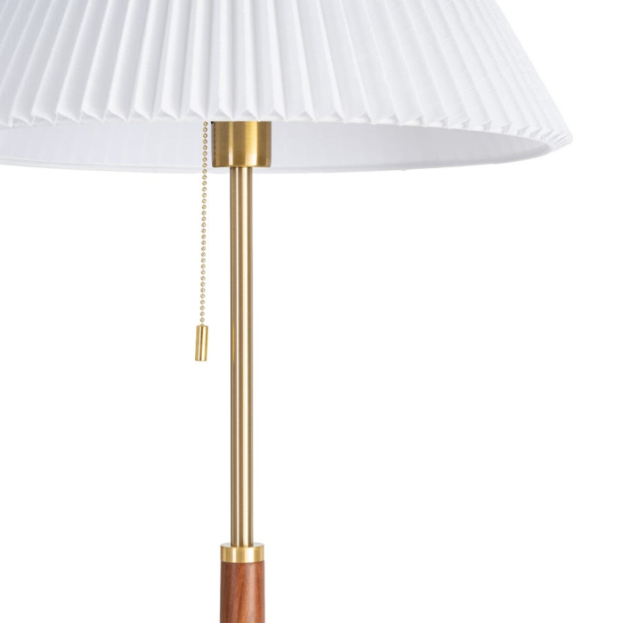 Lampadar din lemn maro și metal auriu cu abajur alb plisat [4]