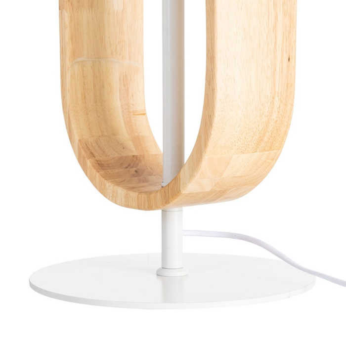 Lampadar din lemn natur și metal alb cu abajur din in bej – imagine principală cu cadru oval din lemn și bază albă [6]