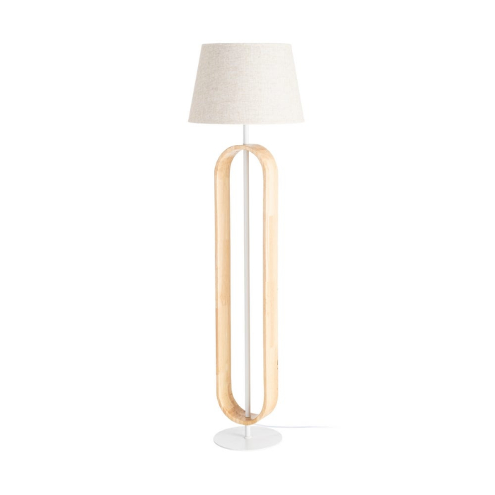 Lampadar din lemn natur și metal alb cu abajur din in bej – imagine principală cu cadru oval din lemn și bază albă [1]