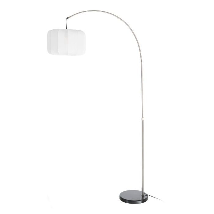 Lampadar din metal cromat cu bază din marmură neagră și abajur din bumbac alb – imagine principală cu braț arcuit și bază rotundă [1]