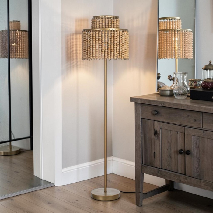 Lampadar natural-auriu din MDF și metal cu abajur din mărgele [2]