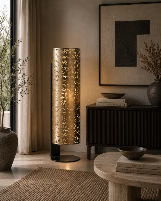 Lampadar sculptural din oțel auriu cu structură perforată Jacquard [2]