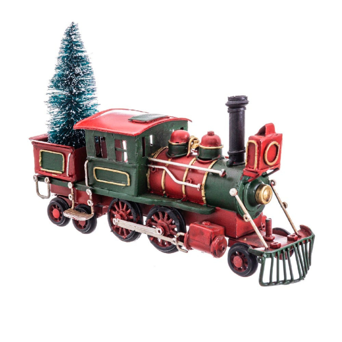 Locomotivă cu aburi din metal verde și roșu cu coș auriu roți cu biele și brăduț în remorcă [2]
