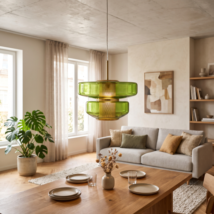 Lustră cu două straturi de cristal verde translucid în jurul unui cilindru auriu găurit [2]