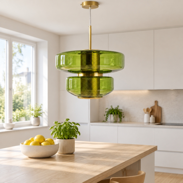 Lustră cu două straturi de cristal verde translucid în jurul unui cilindru auriu găurit [3]