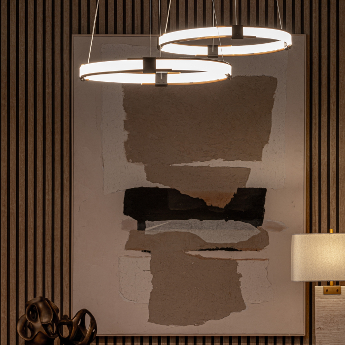 Lustra suspendată circulară cu iluminare LED integrată din cristal alb și structură metalică cupru. [4]