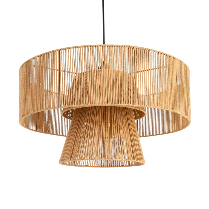 Lustră suspendată din sfoară de hârtie naturală și metal cu abajur dublu – fotografie produs principal [1]