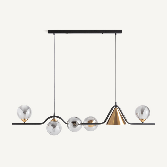 Lustra suspendată liniară cu globuri din cristal fumuriu și structură metalică neagră cu accente cupru. [3]