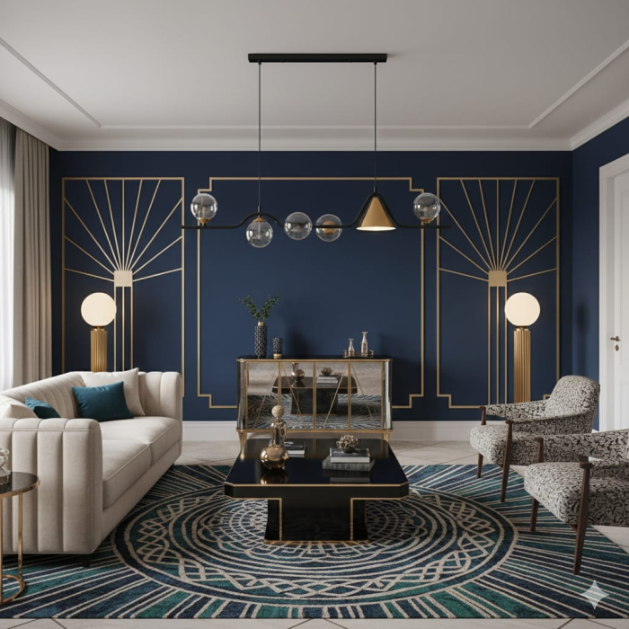 Lustra suspendată liniară cu globuri din cristal fumuriu și structură metalică neagră cu accente cupru. [2]