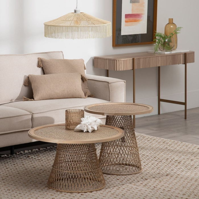 Masă auxiliară rotundă din ratan cu bază metalică tip mesh natur [9]