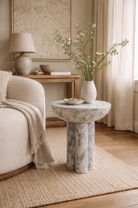 Masa auxiliara sculpturala din terrazo gri cu baza coloana si blat bol stil contemporan Holtum 48x48x60 cm [2]